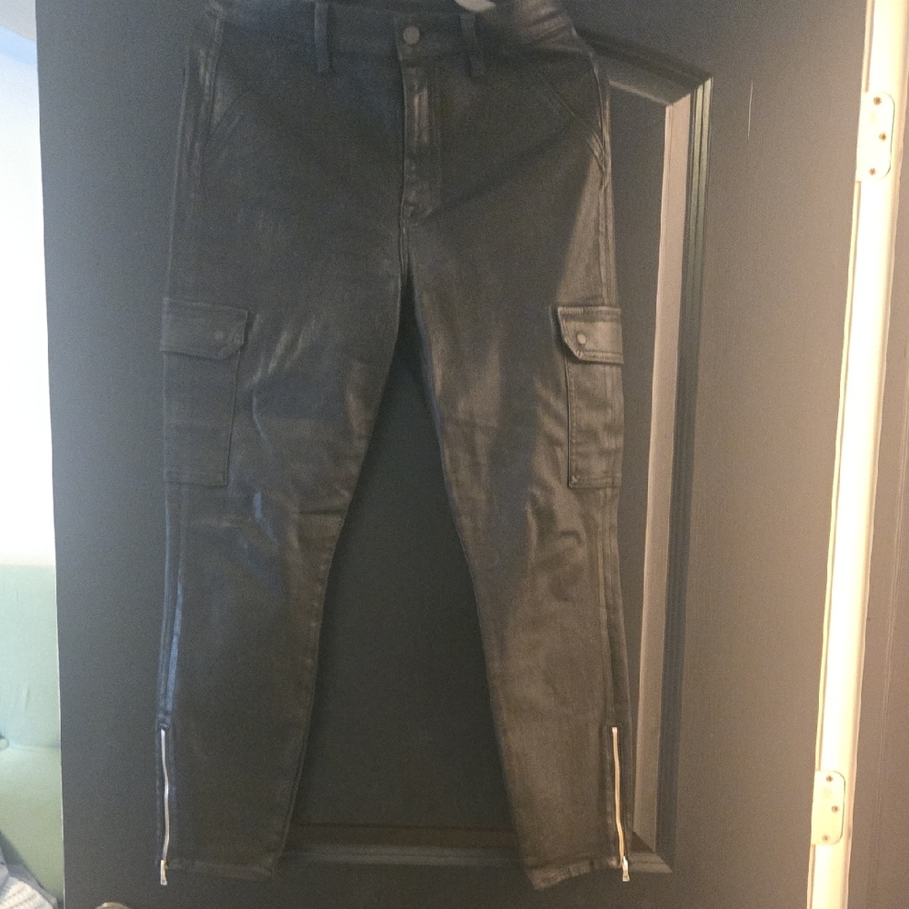 7 For All Mankind Black Coated Denim Cargo JoggerJeans with Zipper Details